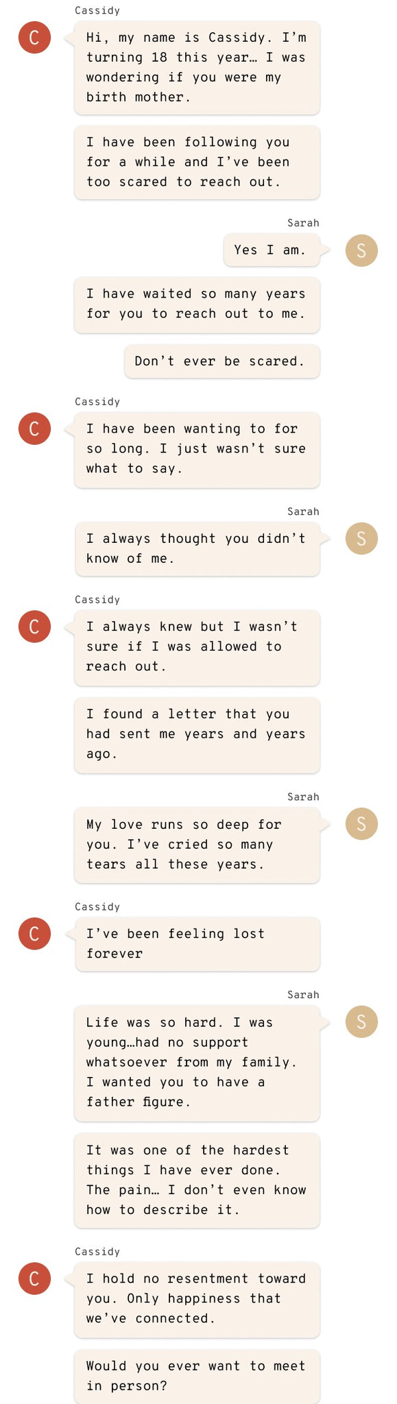 A text conversations between Cassidy and Sarah.