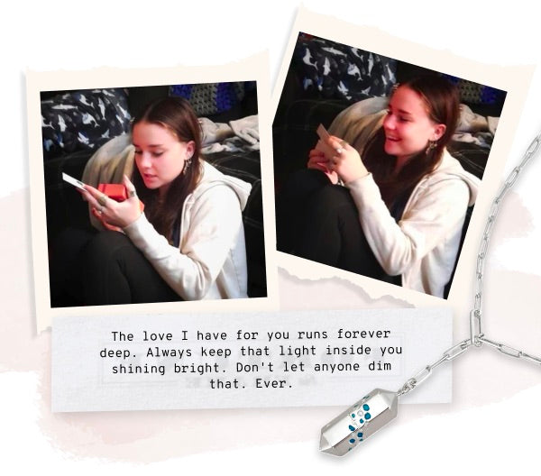 Two polaroid images of Cassidy opening her new Polygon Lariat Locket on Christmas morning.