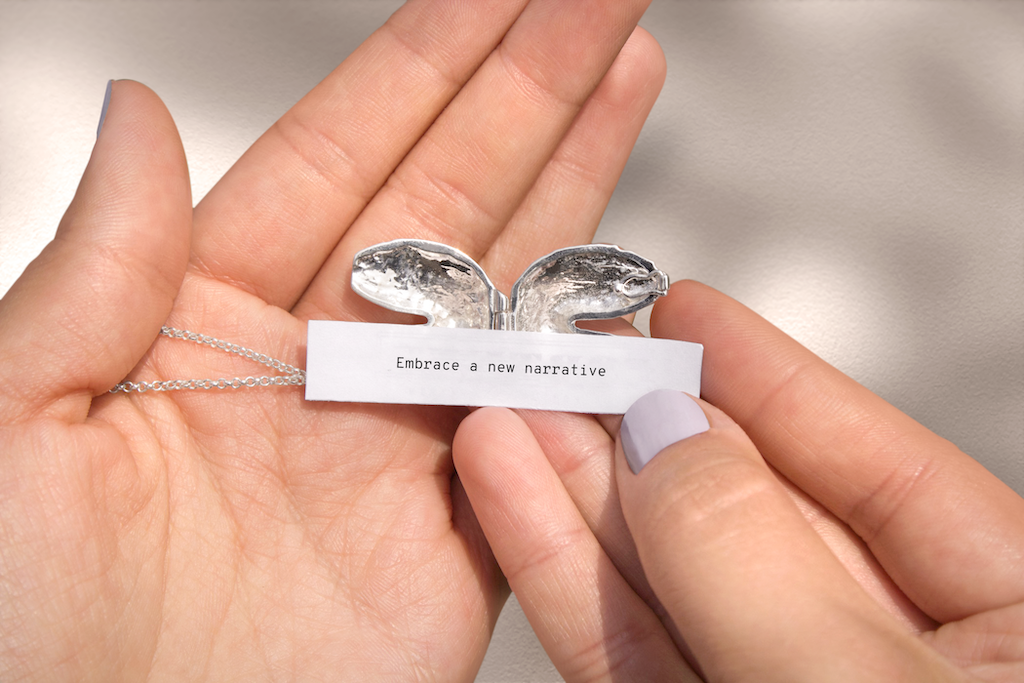 Fortune Cookie Jewelry with personalized Fortune: "Embrace a new narrative."
