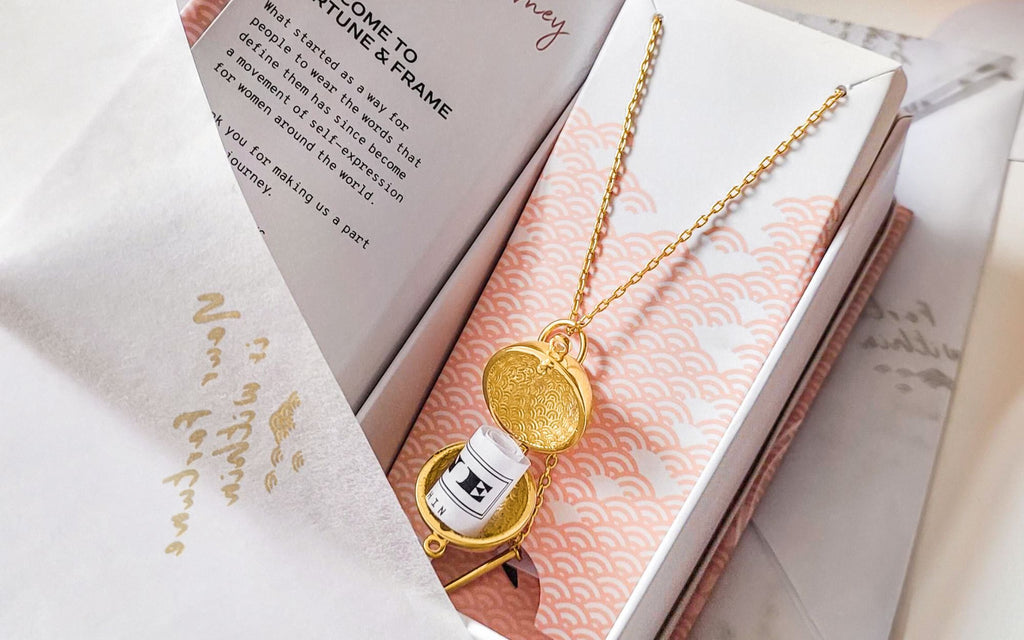 Gold Sphere + Wand Locket with a fortune rolled up and in fortune & frame gift packaging 