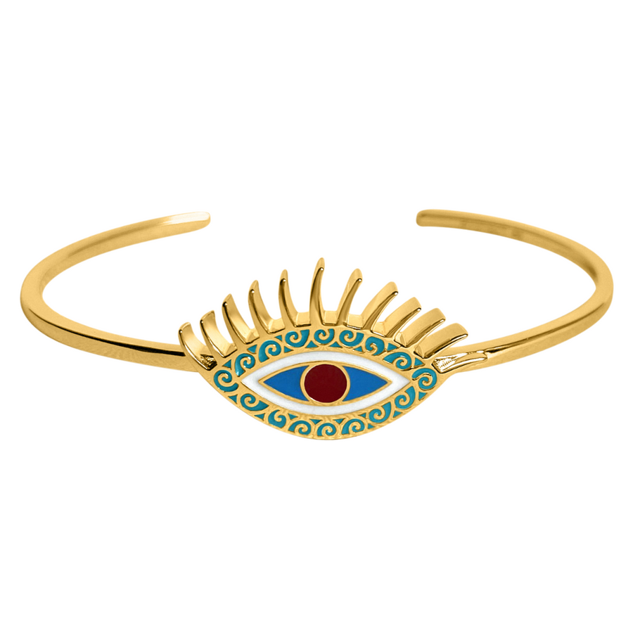 Forever Safeguard - Gold Navy Enamel Evil Eye Ring, Fair Trade Product, with Authentic Gemstones, Blessed by A Singing Bowl