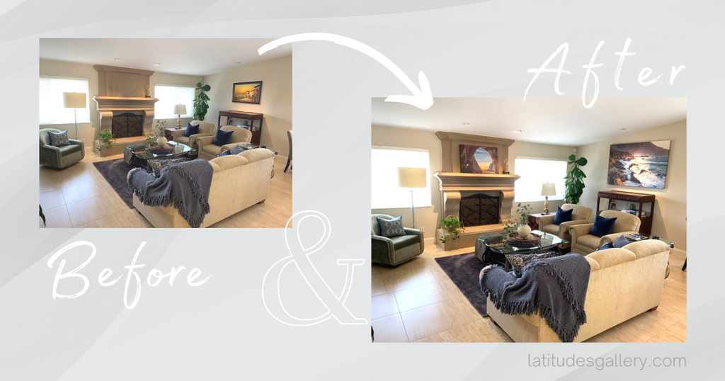 living room with sofa and two chairs, artwork above fireplace and artwork above console table