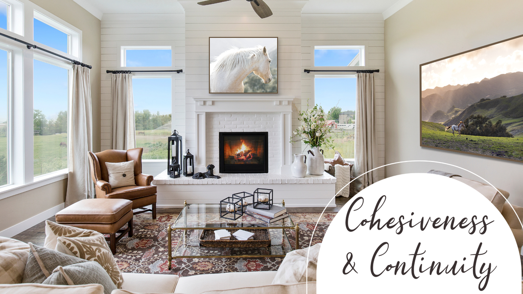 beautiful and comfortable family room in home on farm with photographs of horses on the walls