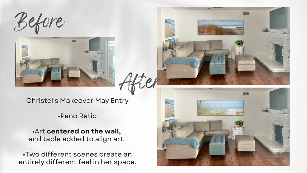 before and after room view with two different beach scenes displayed in frame above a sofa