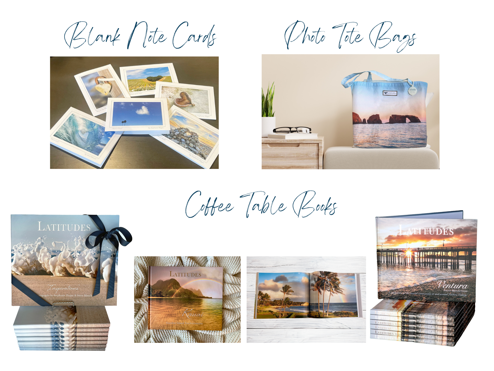 featured gifts: photo tote bag, blank note cards, photo coffee table books