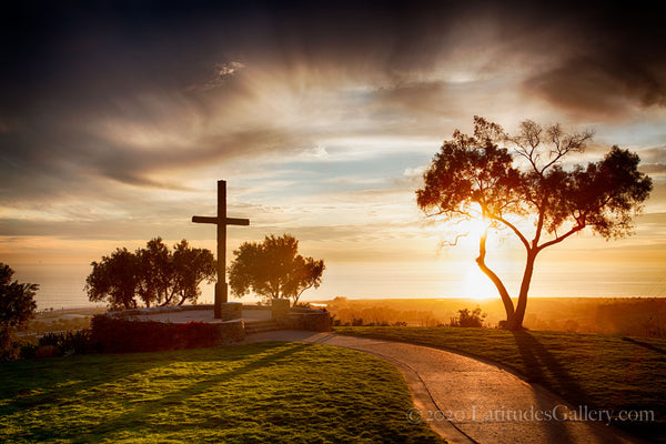 Serra Cross in Ventura with a golden sunset.