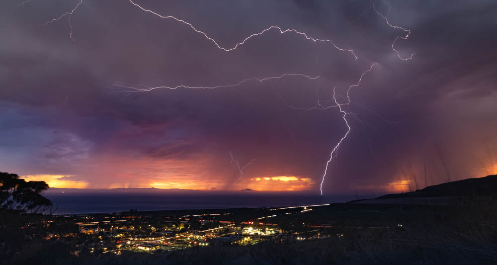 night photograph with lightning over Ventura Highway