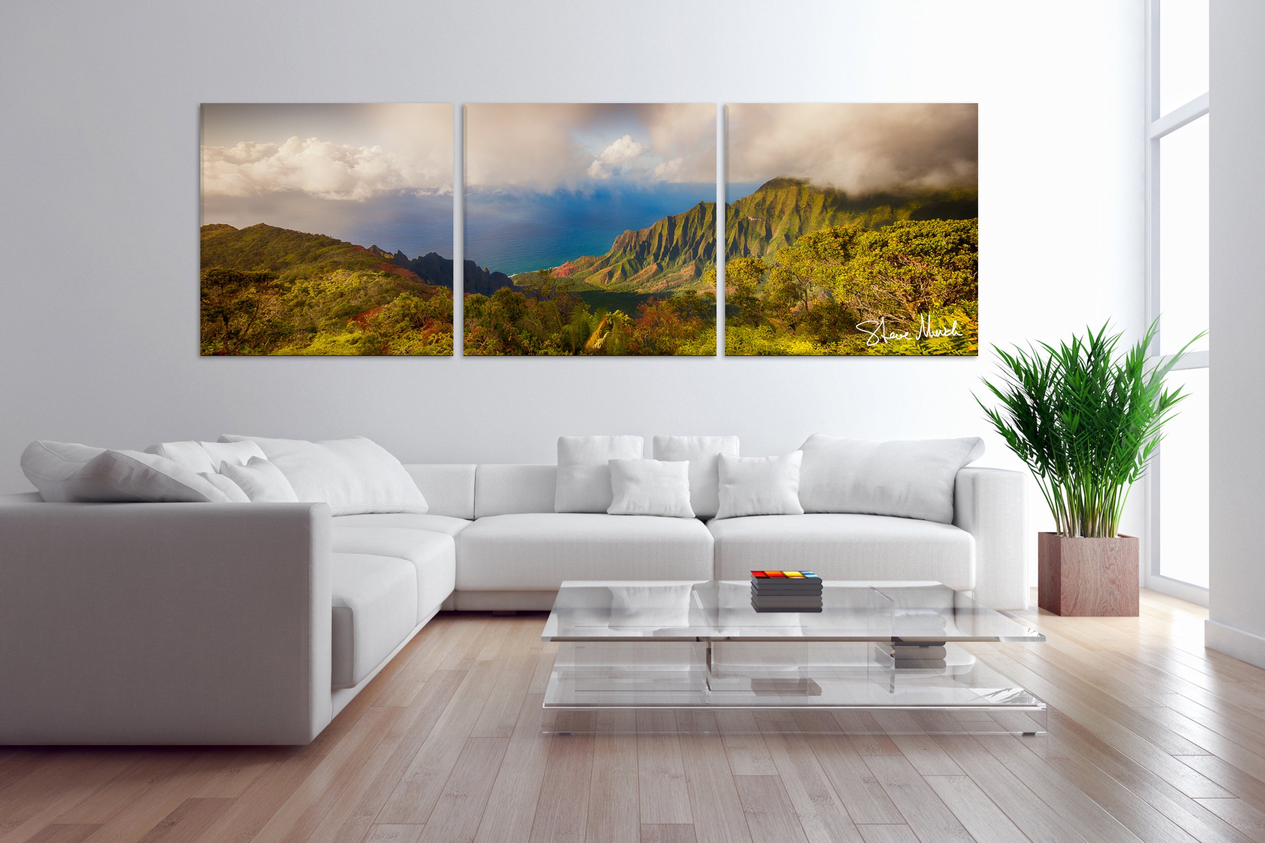 Large beach wall art displaying a breathtaking view of the lush Kalalau Valley on the north shore of Kauai, Hawaii.