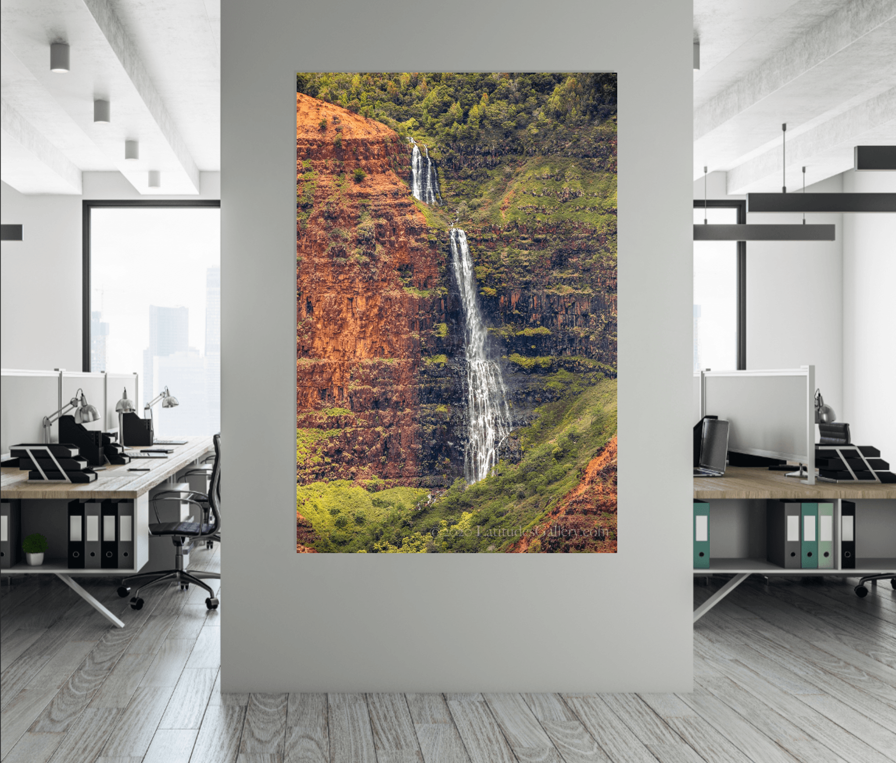 Large unique wall art of a massive waterfall in an office setting.