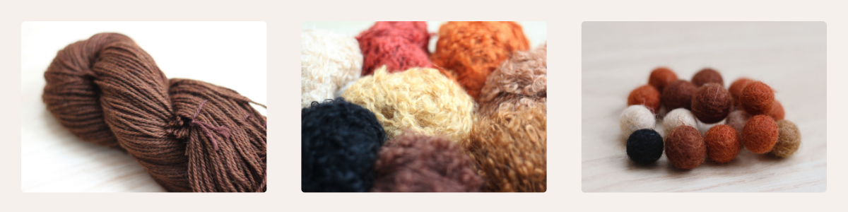 Fable Kids Limited three yarn hair types, from left to right: yarn hair (pictured in a medium brown yarn), curly mohair (pictured in red, orange, yellow, black, dark brown, medium brown), and wool felt hair buns (pictured in red, auburn, ivory, orange, dark brown, medium brown, black).