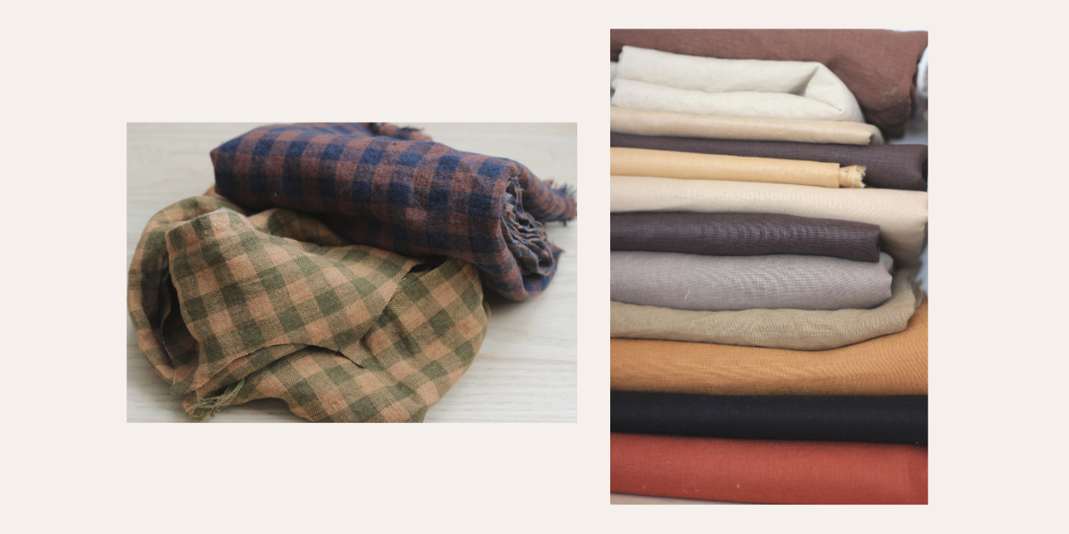 Fable Kids Handmade linen examples from left to right; two checkered linens in navy and brown and green and ocher, second picture in a stack of linens in various neutral shades for hair.