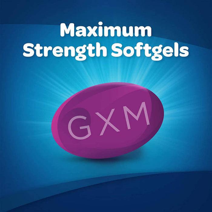 Gas-X Maximum Strength 30 SoftGels Banner Showing Image Of SoftGel In Front Of Blue Background.