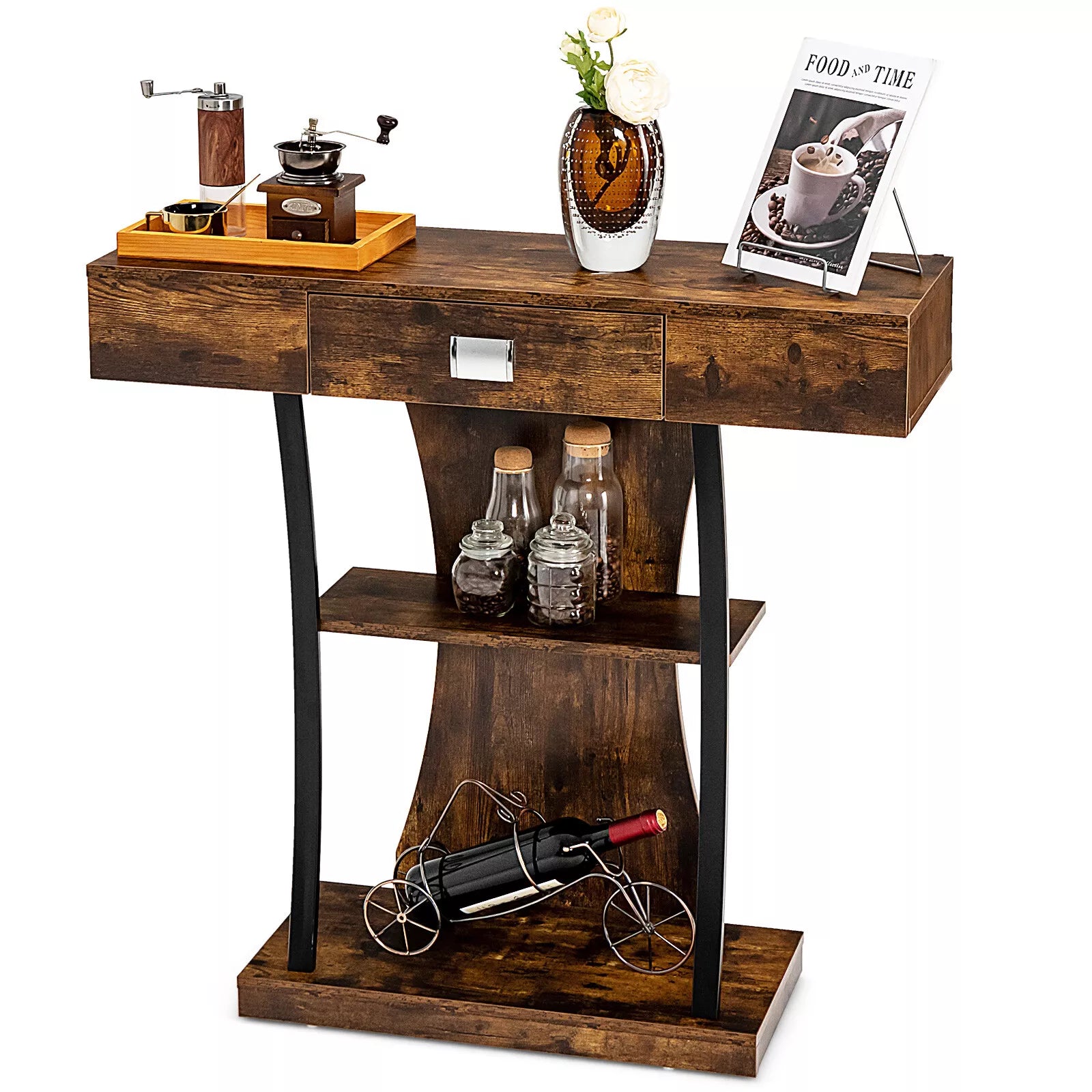 Rustic Brown Console Sofa Table with Drawer & Shelves for Entryway