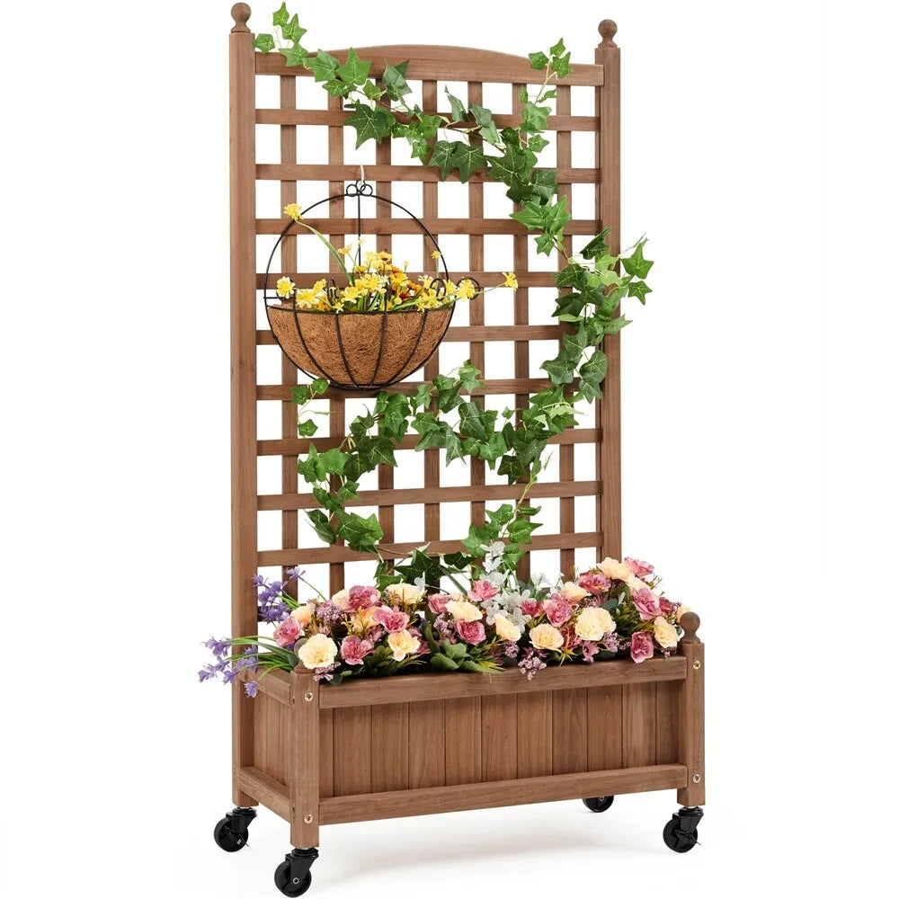 50" Raised Garden Bed with Trellis and Wheels for Climbing Plants
