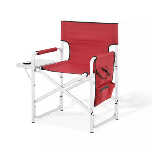 Red Folding Director Chair with Cup Holder Side Table Storage Pockets - Skyorium