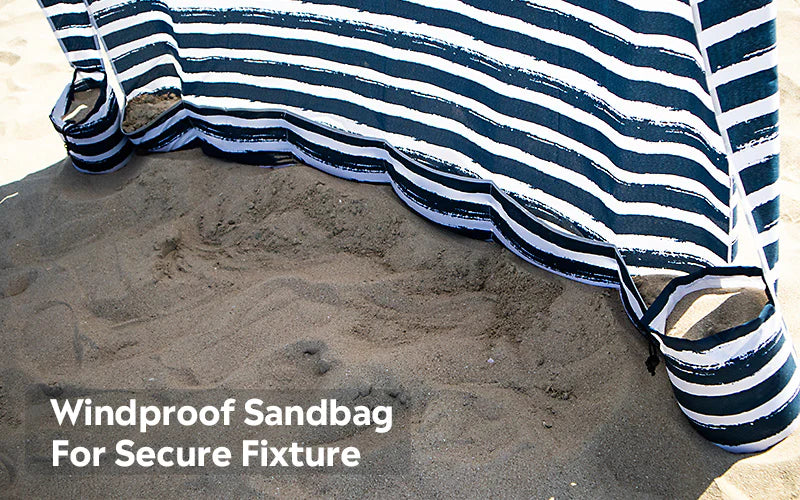 Strand-Cabana-Zelt mit sicherer Befestigung und Sandsäcken