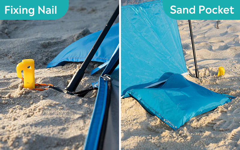 beach shade with nails and sandbags wind proof design