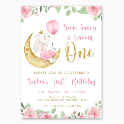 Watercolor Bunny First Birthday Invitation for Girls