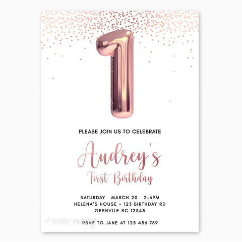 Rose Gold Balloon Birthday Invitation