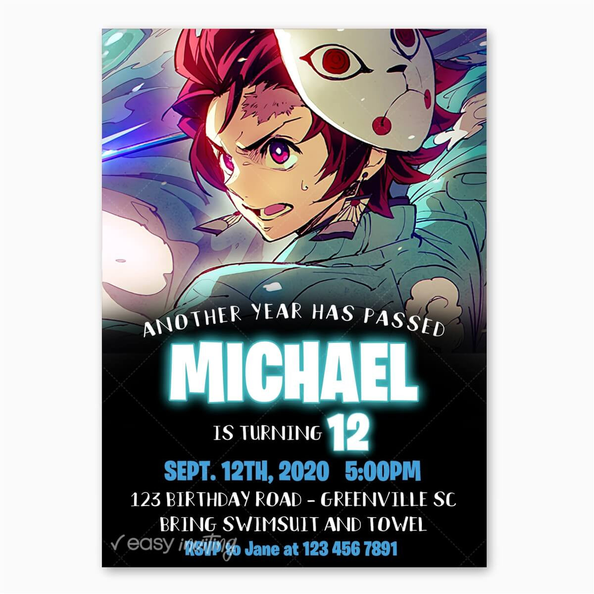 Demon Slayer Tanjiro Birthday Invitation Printable Instant Download