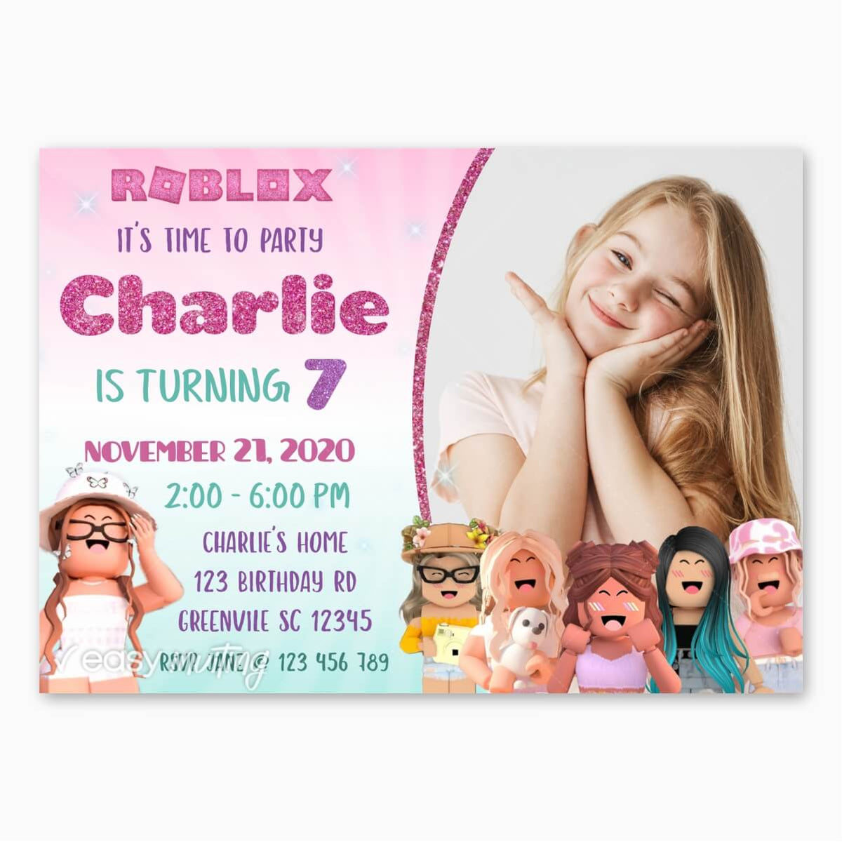 Roblox Birthday Invitation For Girls With Photo Easy Inviting - free printable roblox party invitations
