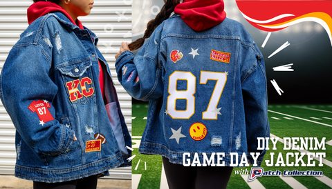 Photo of someone wearing a denim jacket with Kansas City inspired patches.