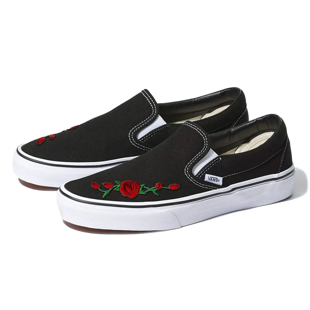 Vans Black Slip-On Red Rose Custom Shoes