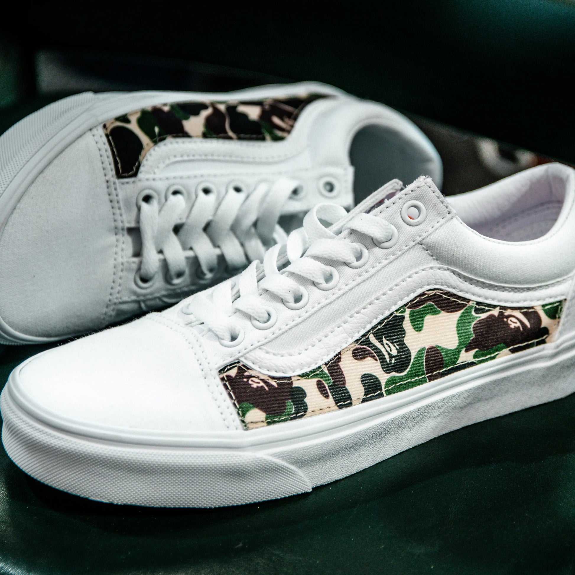 Vans White Old Skool x Camo Custom Handmade Shoes By Patch Collection