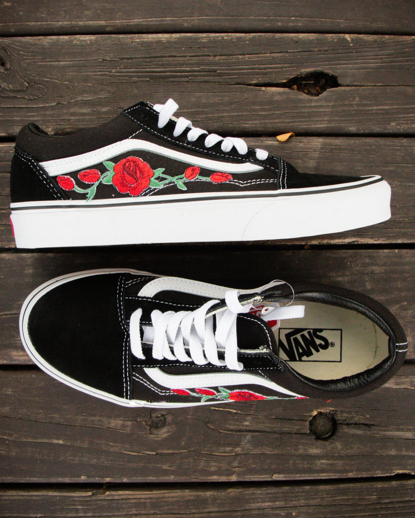 Vans Black Old Skool Red Rose Custom Handmade By Patch Collectio