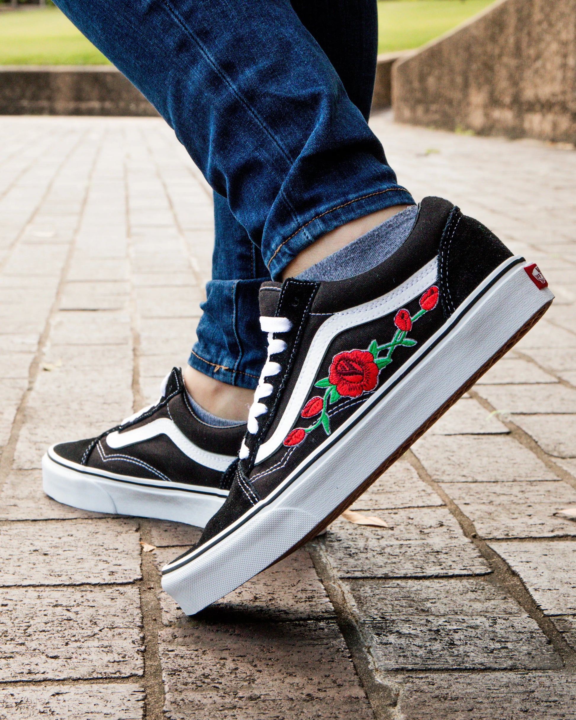 Vans Black Old Skool Rose Custom Handmade Shoes By Patch Collection