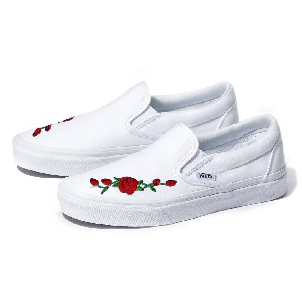 Vans White Slip-On Red Rose Custom Shoes