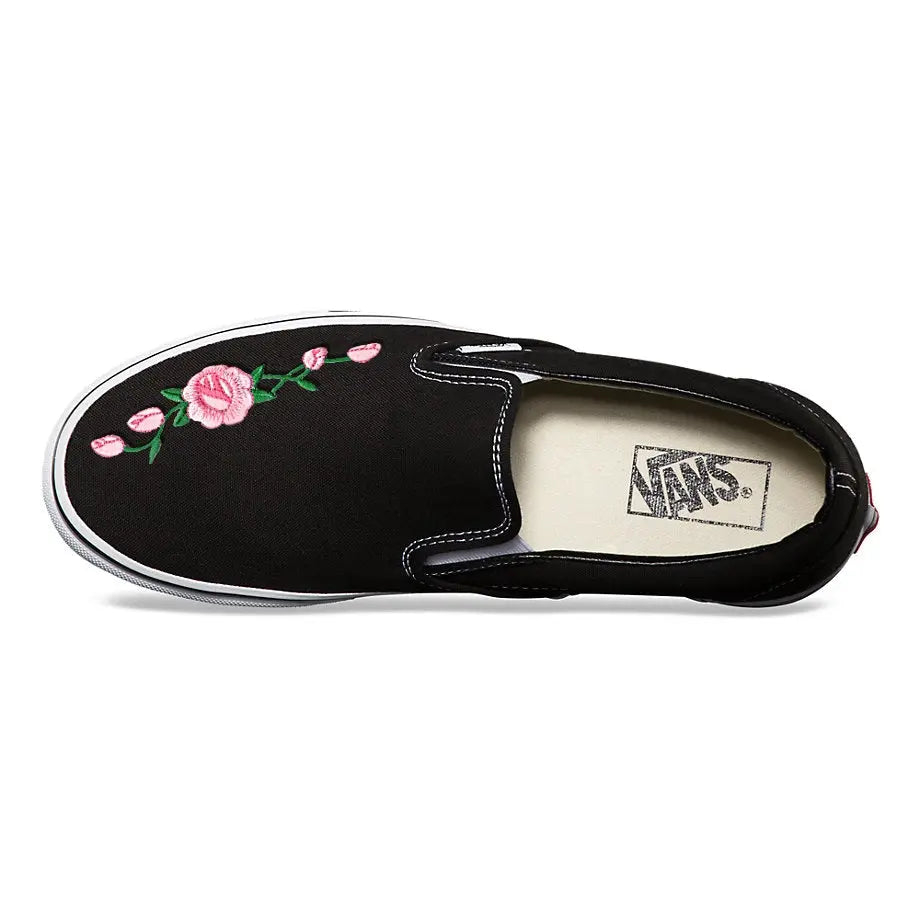 Vans Black Slip-On Pink Rose Custom Shoes