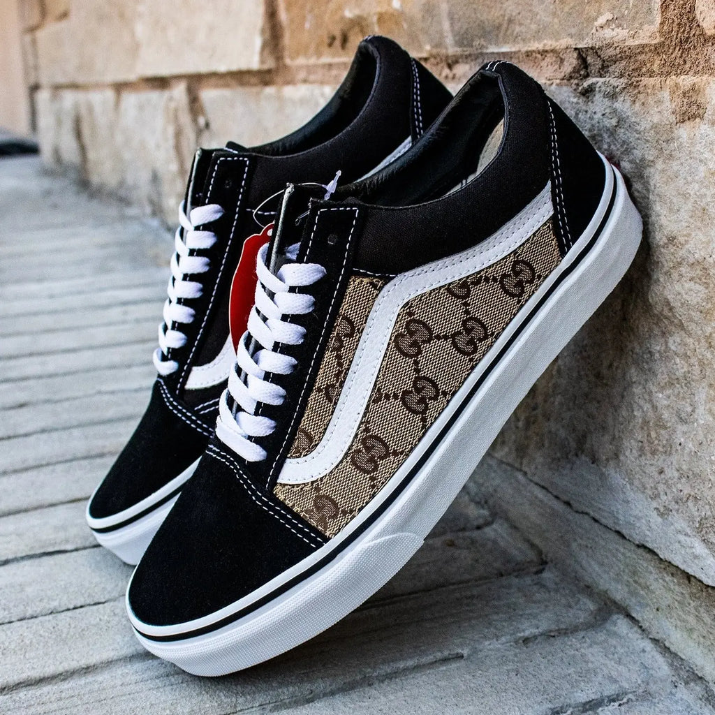 Vans Black Old Skool x Authentic GG Fabric Custom Handmade Shoes By Pa