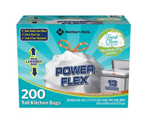 Member's Mark Power Flex Tall Kitchen Drawstring Trash Bags (13 Gallon ...