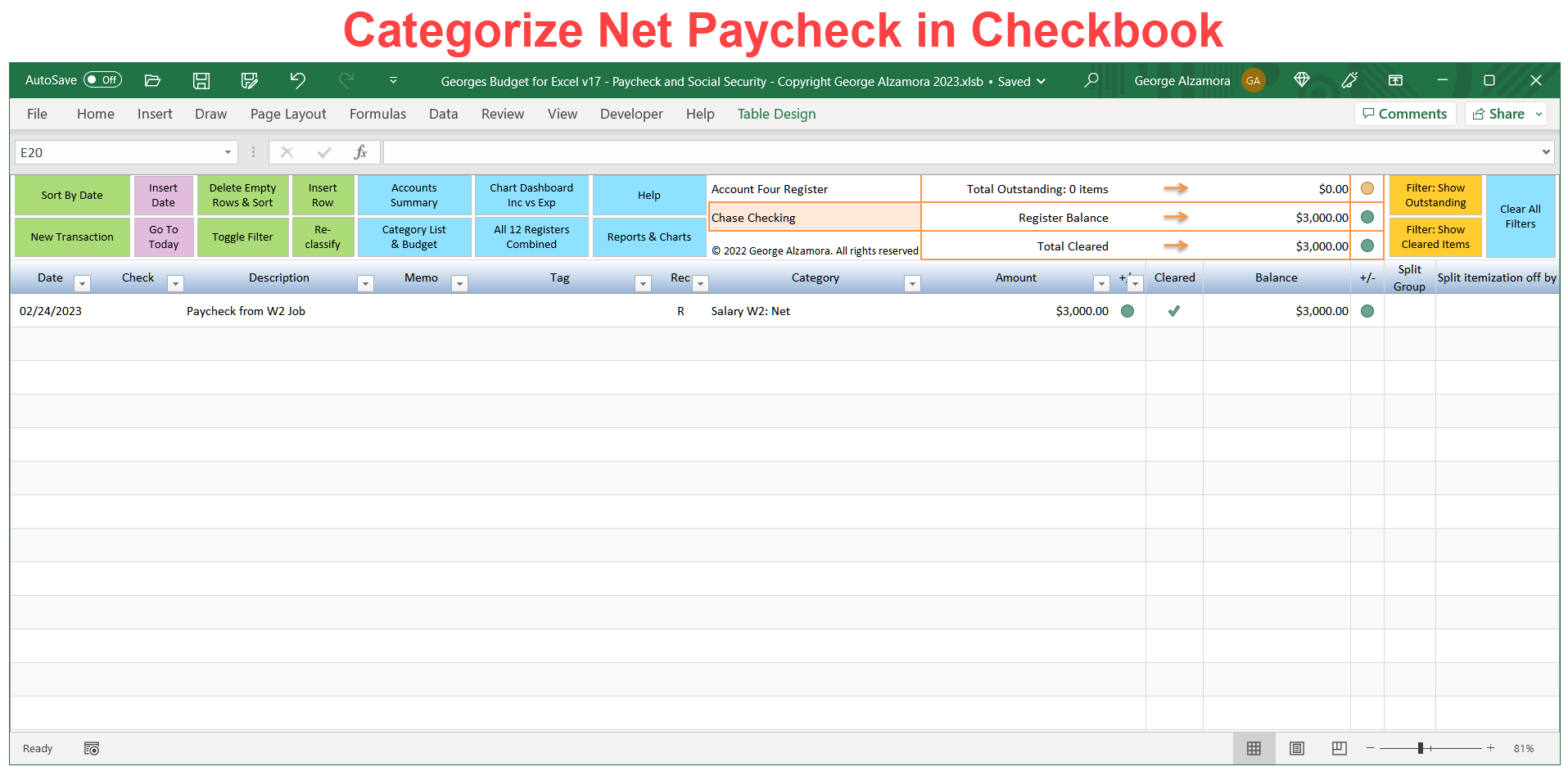 Categorize Paycheck Net Amount in Excel Checkbook Register