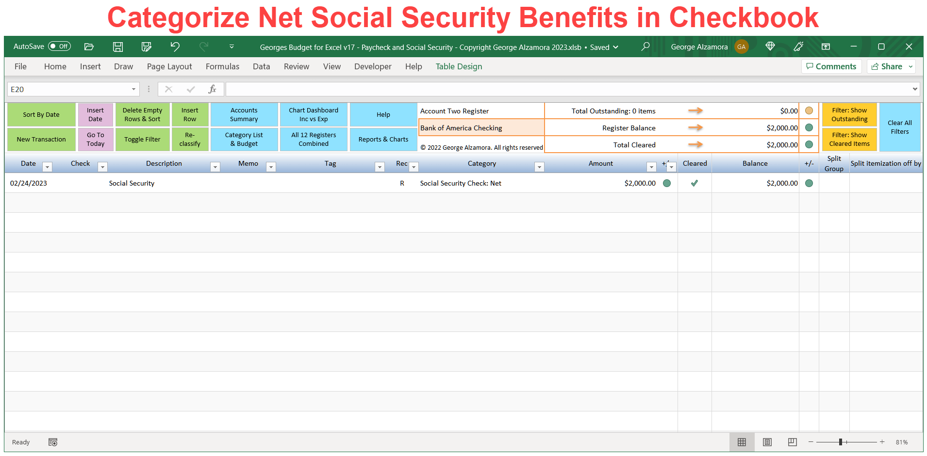 Categorize net social security check in personal finance software