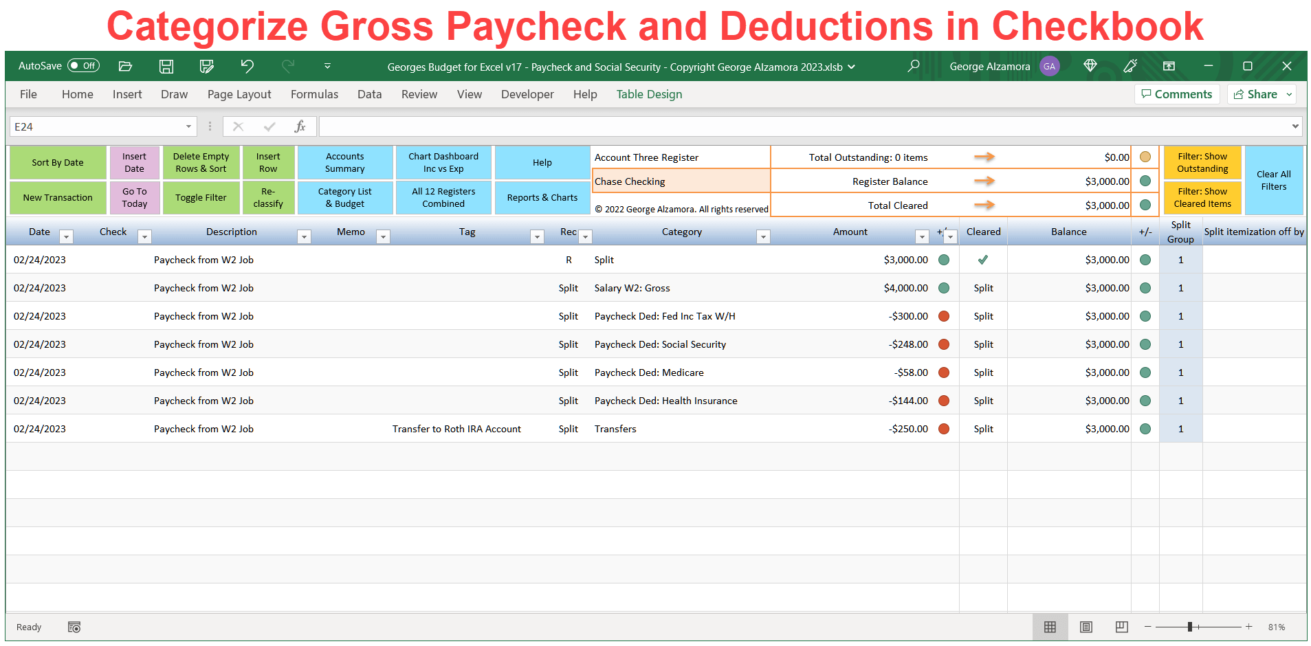 Categorize Paycheck and Deductions in Checkbook Software