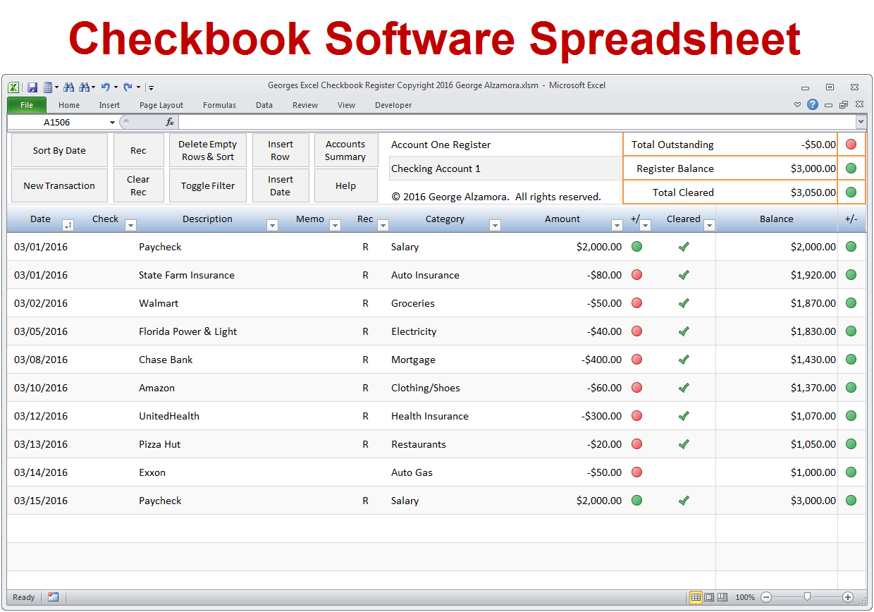 Checkbook App - Excel Template