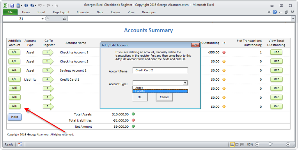 Checkbook Spreadsheet Software Add Account