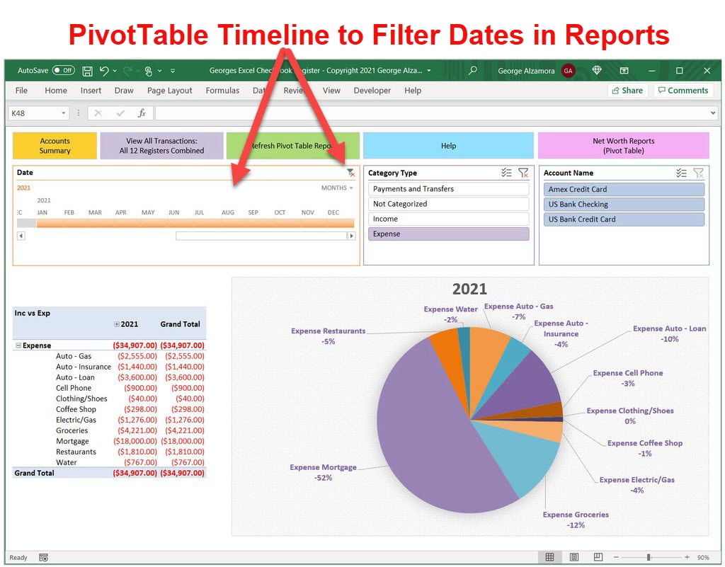 Create PivotTable timeline filter time periods in reports