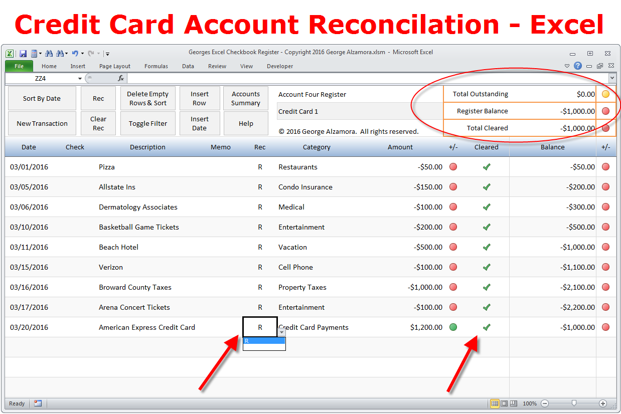 Credit Card Account Reconciliation in Excel Register