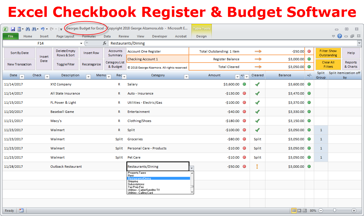 Enter transactions in register Excel checkbook software