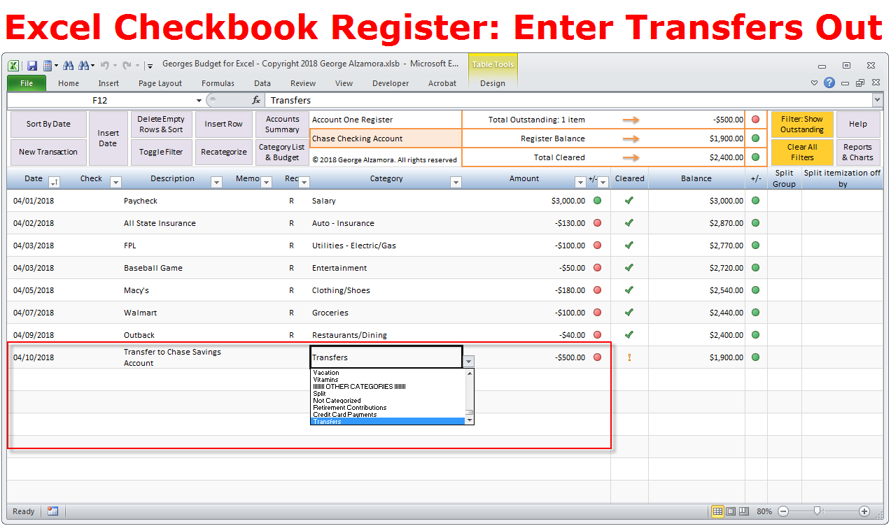 Excel Checkbook Software Transfers Between Accounts