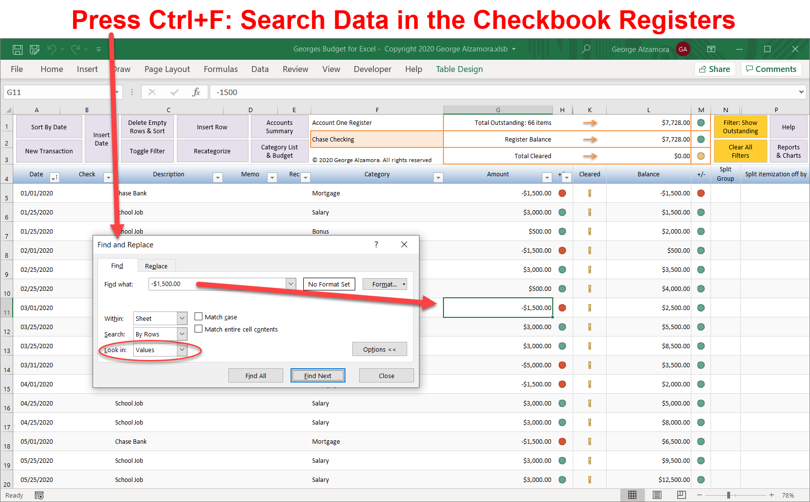 Excel search checkbook-spreadsheet