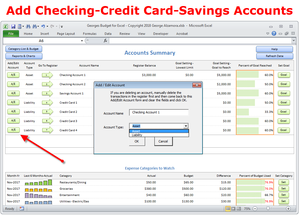 How to add checking, credit card, savings account register