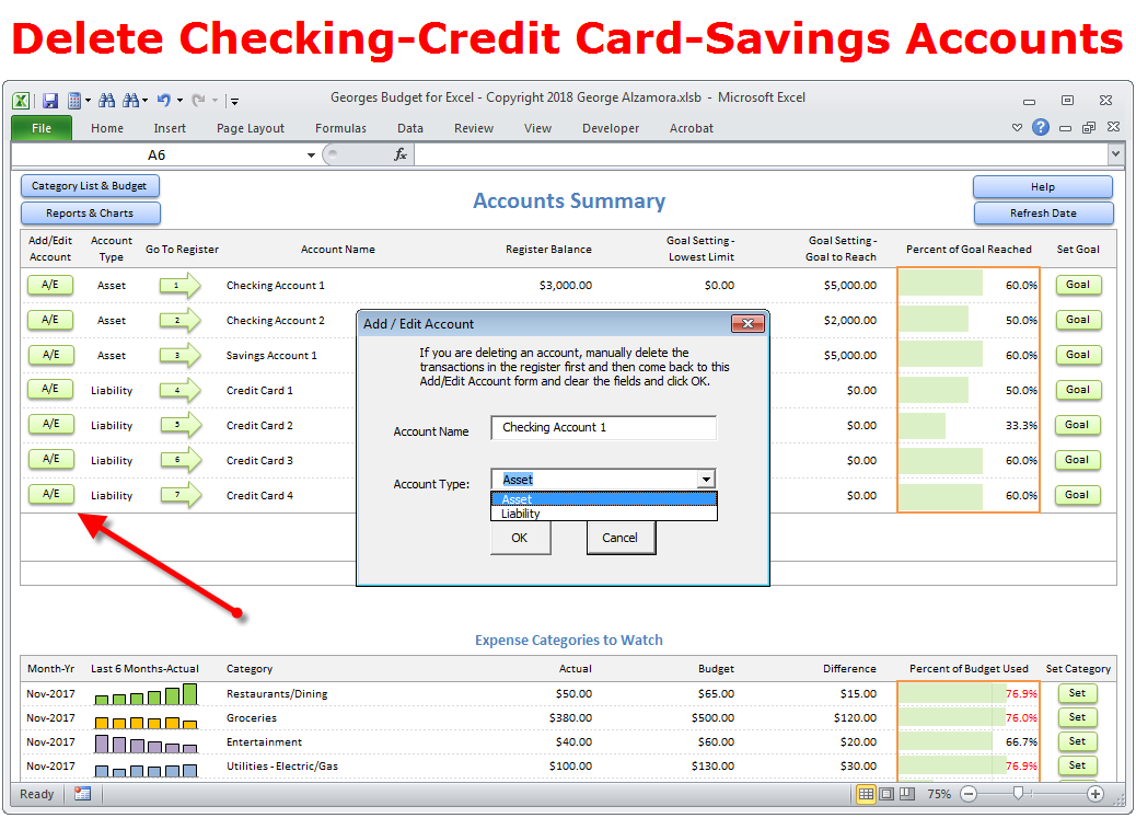 Delete Checking Credit Card Savings Accounts to Budget Spreadsheet