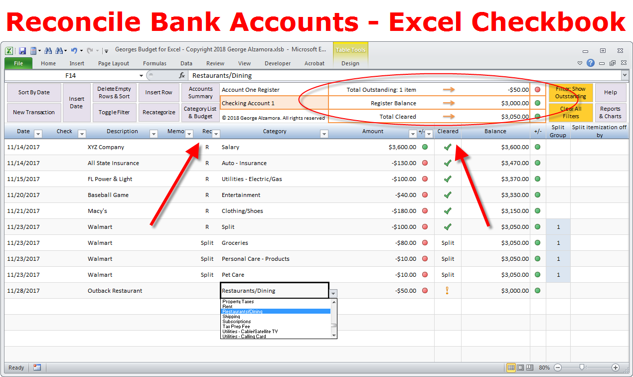 How to reconcile bank account: Balance Excel checkbook spreadsheet