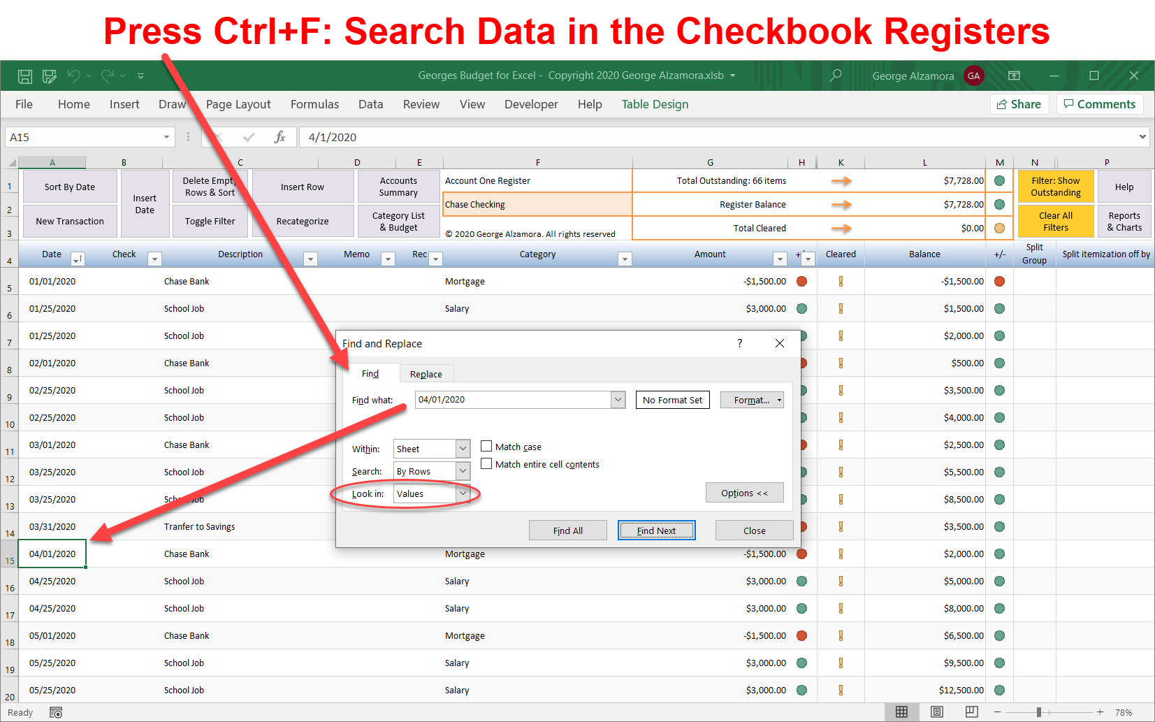 How to search in Excel checkbook registers