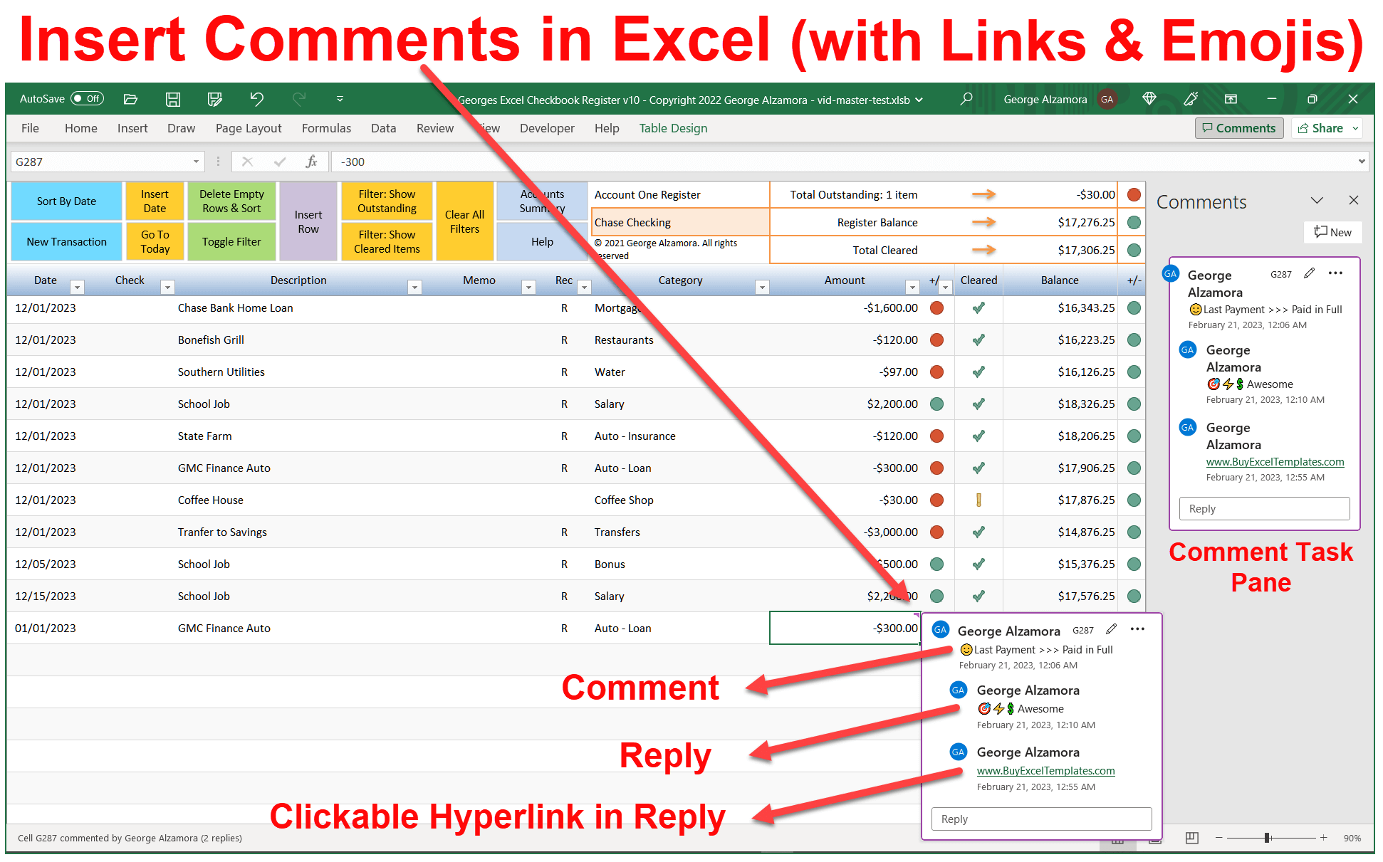 Insert Comments in Excel Checkbook Software