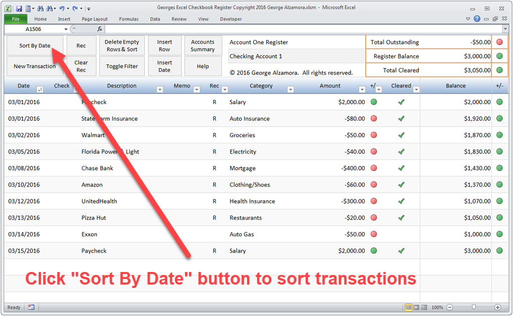 How to sort checkbook register transactions by date